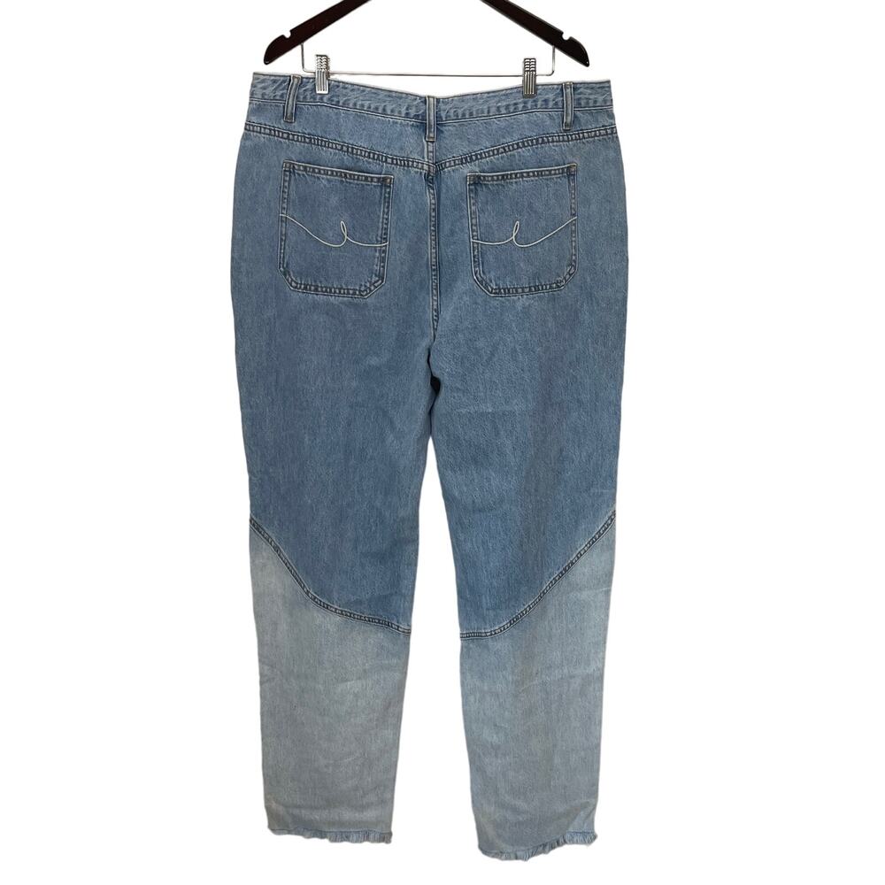 Two-Tone Patchwork Distressed Straight Leg Denim Jeans Blue Color Block Size XXL - Picture 3 of 12